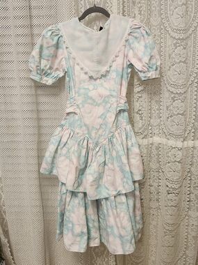 Picture Me, Girls' Vintage Pastel Pink & Blue Floral Midi Dress with Lace Collar